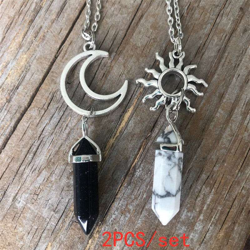Sun and Moon Crystal Necklace Set for 2, Matching Healing Stone Pendants, Black Obsidian & White Howlite Hexagonal Point Jewelry, Celestial Best Friend Couple Necklace, Alloy Geometric Amulet