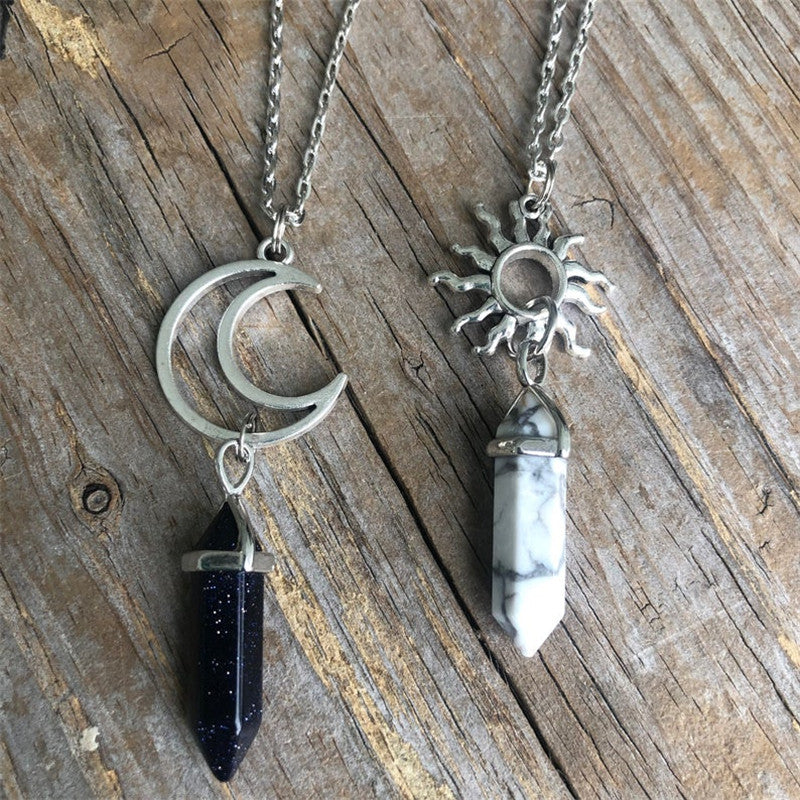 Sun and Moon Crystal Necklace Set for 2, Matching Healing Stone Pendants, Black Obsidian & White Howlite Hexagonal Point Jewelry, Celestial Best Friend Couple Necklace, Alloy Geometric Amulet