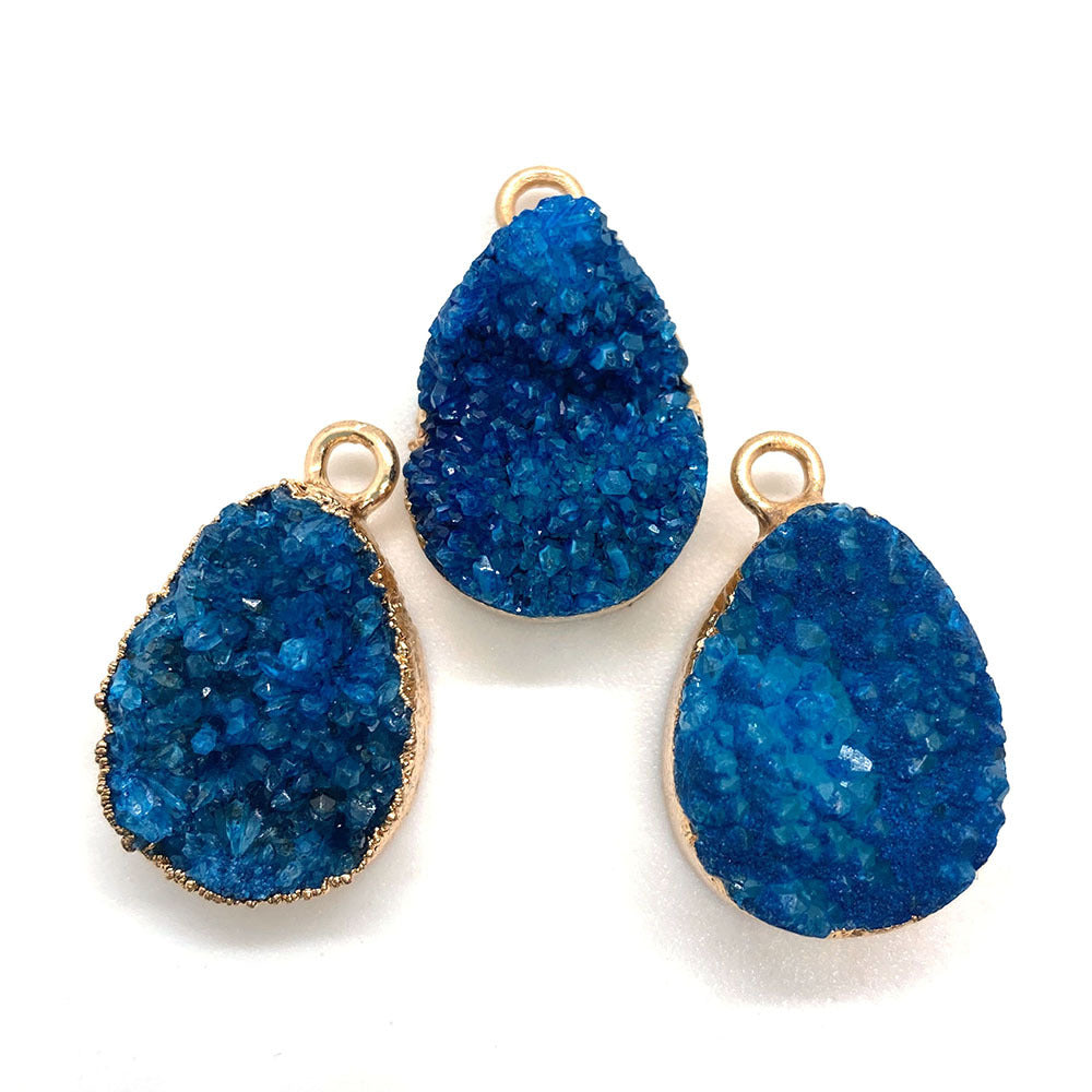 Natural Blue Druzy Teardrop Pendant, Gold Rimmed Sparkling Geode Necklace, Deep Sea Blue Healing Stone, Hand-Polished Teardrop Amulet
