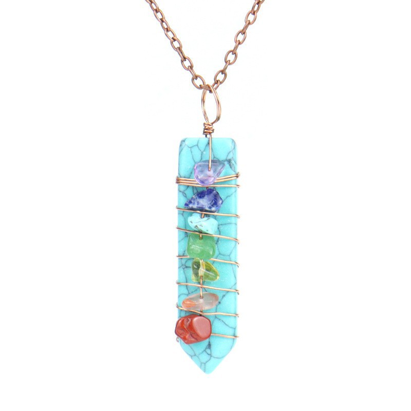 7 Chakra Crystal Point Necklace, Copper Wire Wrapped Healing Stone Pendant, Natural Amethyst Rose Quartz Lapis Wand Jewelry, Spiritual Alignment Amulet, Rainbow Gemstone Gift