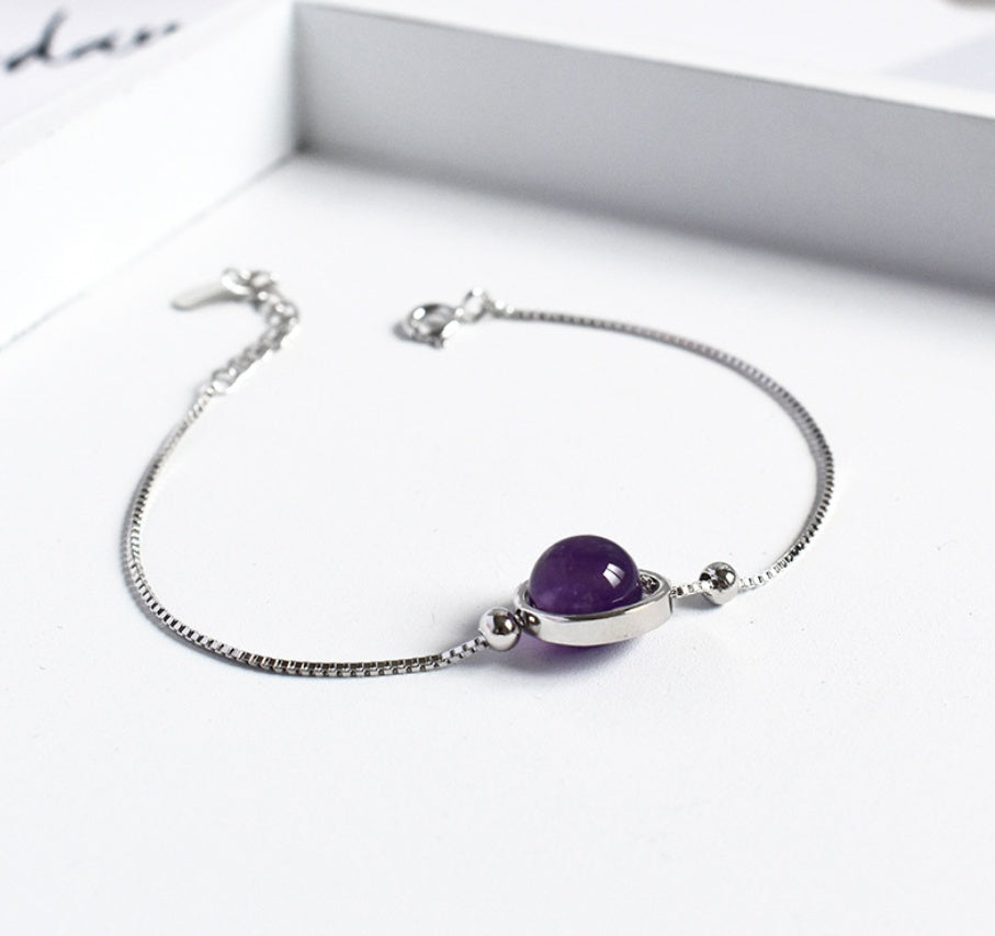 925 Sterling Silver Natural Crystal Bracelet, Minimalist Healing Stone Bangle for Women, Adjustable Citrine Amethyst Rose Quartz Jewelry, Delicate Gemstone Planet Bracelet