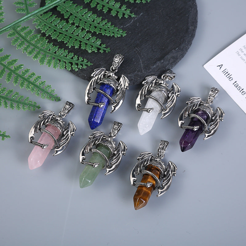 Natural Amethyst Crystal White Crystal Flying Dragon Pendant Pterosaur Hexagon Prism Necklace Ornament