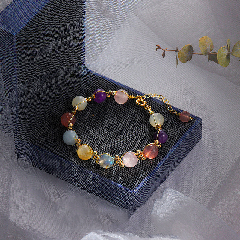 Natural Multi-Color Crystal Bead Bracelet, 8mm Strawberry Quartz & Mixed Healing Stones, Gold Wire Wrapped Artisan Jewelry, Adjustable Chakra Balance Bracelet for Women