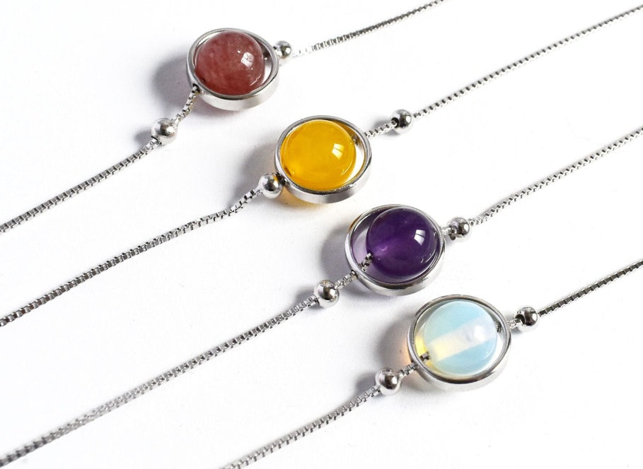 925 Sterling Silver Natural Crystal Bracelet, Minimalist Healing Stone Bangle for Women, Adjustable Citrine Amethyst Rose Quartz Jewelry, Delicate Gemstone Planet Bracelet