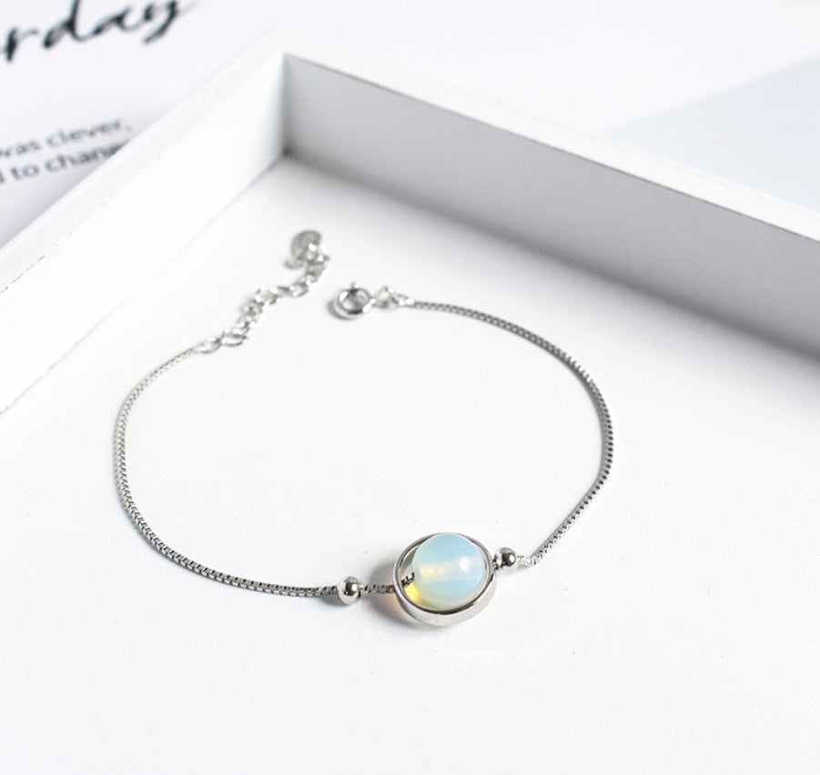 925 Sterling Silver Natural Crystal Bracelet, Minimalist Healing Stone Bangle for Women, Adjustable Citrine Amethyst Rose Quartz Jewelry, Delicate Gemstone Planet Bracelet