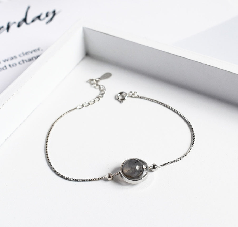 925 Sterling Silver Natural Crystal Bracelet, Minimalist Healing Stone Bangle for Women, Adjustable Citrine Amethyst Rose Quartz Jewelry, Delicate Gemstone Planet Bracelet