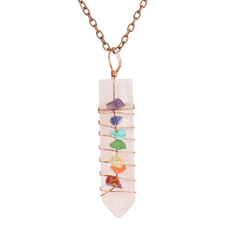 7 Chakra Crystal Point Necklace, Copper Wire Wrapped Healing Stone Pendant, Natural Amethyst Rose Quartz Lapis Wand Jewelry, Spiritual Alignment Amulet, Rainbow Gemstone Gift