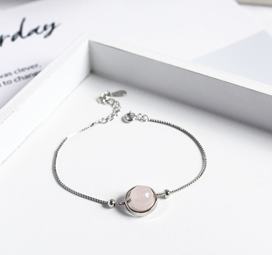 925 Sterling Silver Natural Crystal Bracelet, Minimalist Healing Stone Bangle for Women, Adjustable Citrine Amethyst Rose Quartz Jewelry, Delicate Gemstone Planet Bracelet
