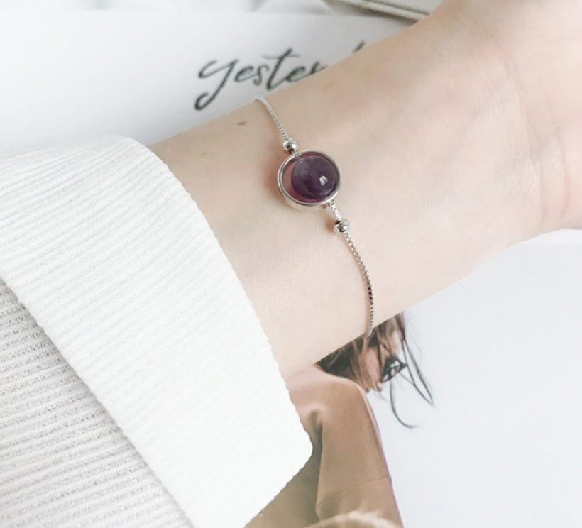 925 Sterling Silver Natural Crystal Bracelet, Minimalist Healing Stone Bangle for Women, Adjustable Citrine Amethyst Rose Quartz Jewelry, Delicate Gemstone Planet Bracelet