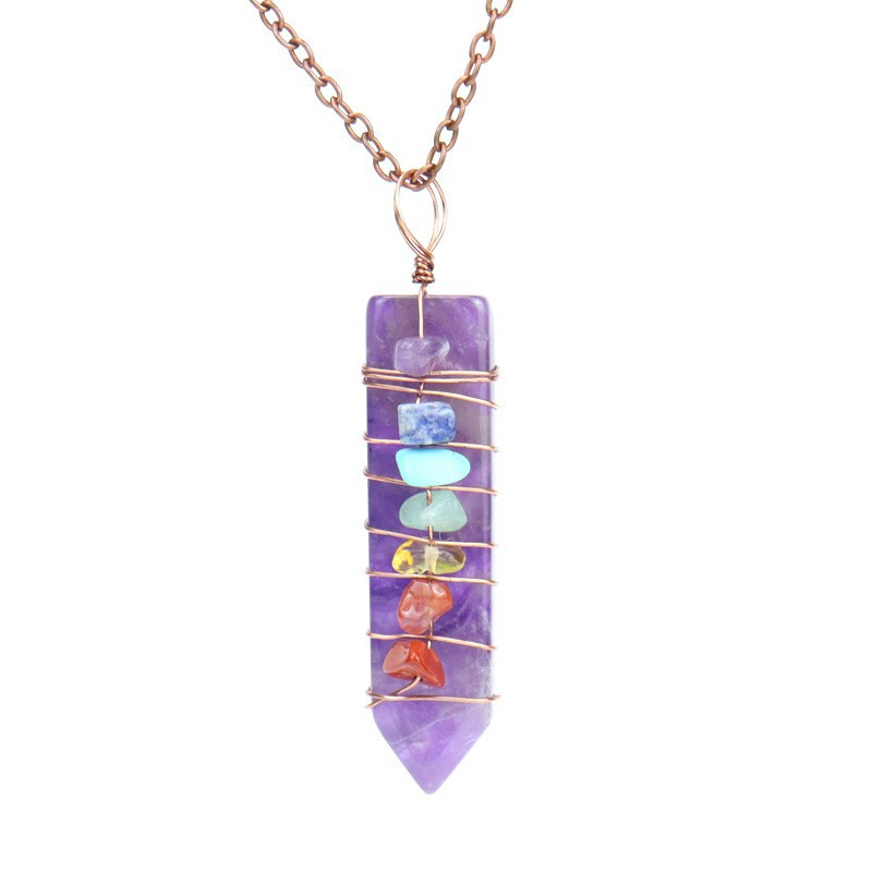 7 Chakra Crystal Point Necklace, Copper Wire Wrapped Healing Stone Pendant, Natural Amethyst Rose Quartz Lapis Wand Jewelry, Spiritual Alignment Amulet, Rainbow Gemstone Gift
