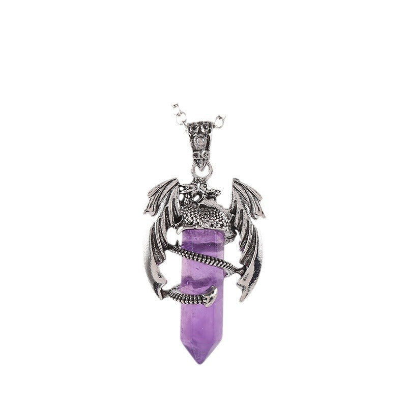 Natural Amethyst Crystal White Crystal Flying Dragon Pendant Pterosaur Hexagon Prism Necklace Ornament