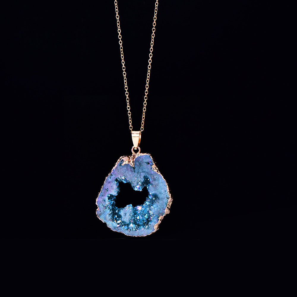 Natural Crystal Geode Slice Necklace, Gold Dipped Druzy Pendant, Irregular Geode Cavity Healing Stone, Authentic Agate Geode Jewelry for Women, Boho Spiritual Gift