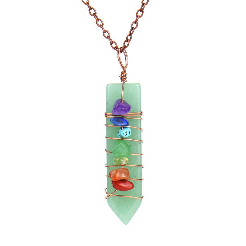 7 Chakra Crystal Point Necklace, Copper Wire Wrapped Healing Stone Pendant, Natural Amethyst Rose Quartz Lapis Wand Jewelry, Spiritual Alignment Amulet, Rainbow Gemstone Gift