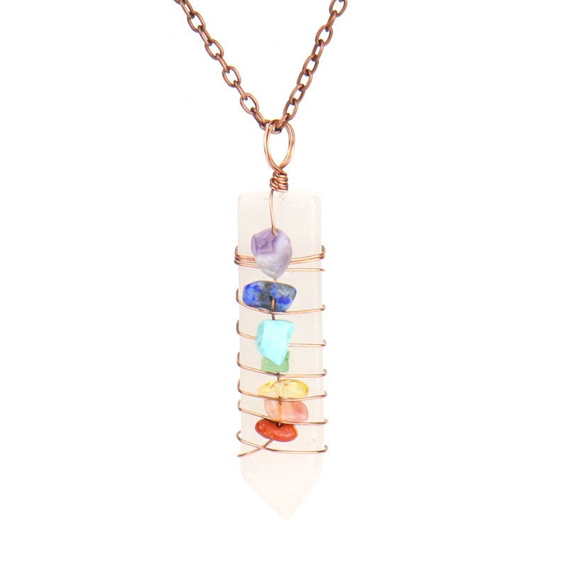 7 Chakra Crystal Point Necklace, Copper Wire Wrapped Healing Stone Pendant, Natural Amethyst Rose Quartz Lapis Wand Jewelry, Spiritual Alignment Amulet, Rainbow Gemstone Gift