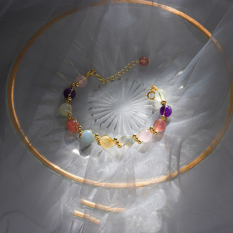 Natural Multi-Color Crystal Bead Bracelet, 8mm Strawberry Quartz & Mixed Healing Stones, Gold Wire Wrapped Artisan Jewelry, Adjustable Chakra Balance Bracelet for Women