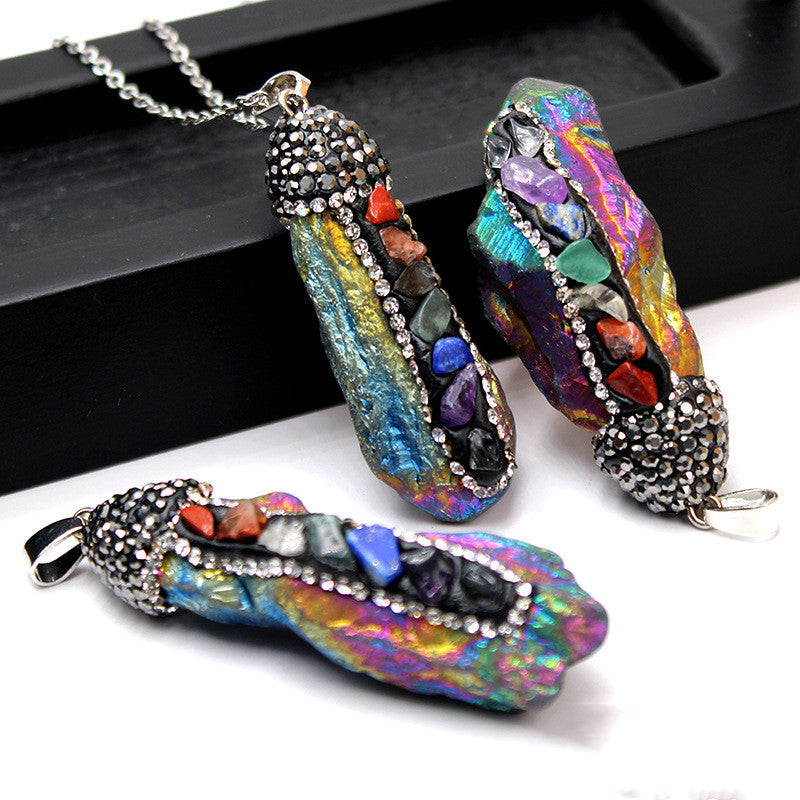 7 Chakra Raw Agate Point Necklace, Irregular Crystal Healing Pendant with Rhinestones, Unisex Spiritual Gemstone Jewelry, Natural Aura Stone Manifestation Wand, Reiki Energy Amulet