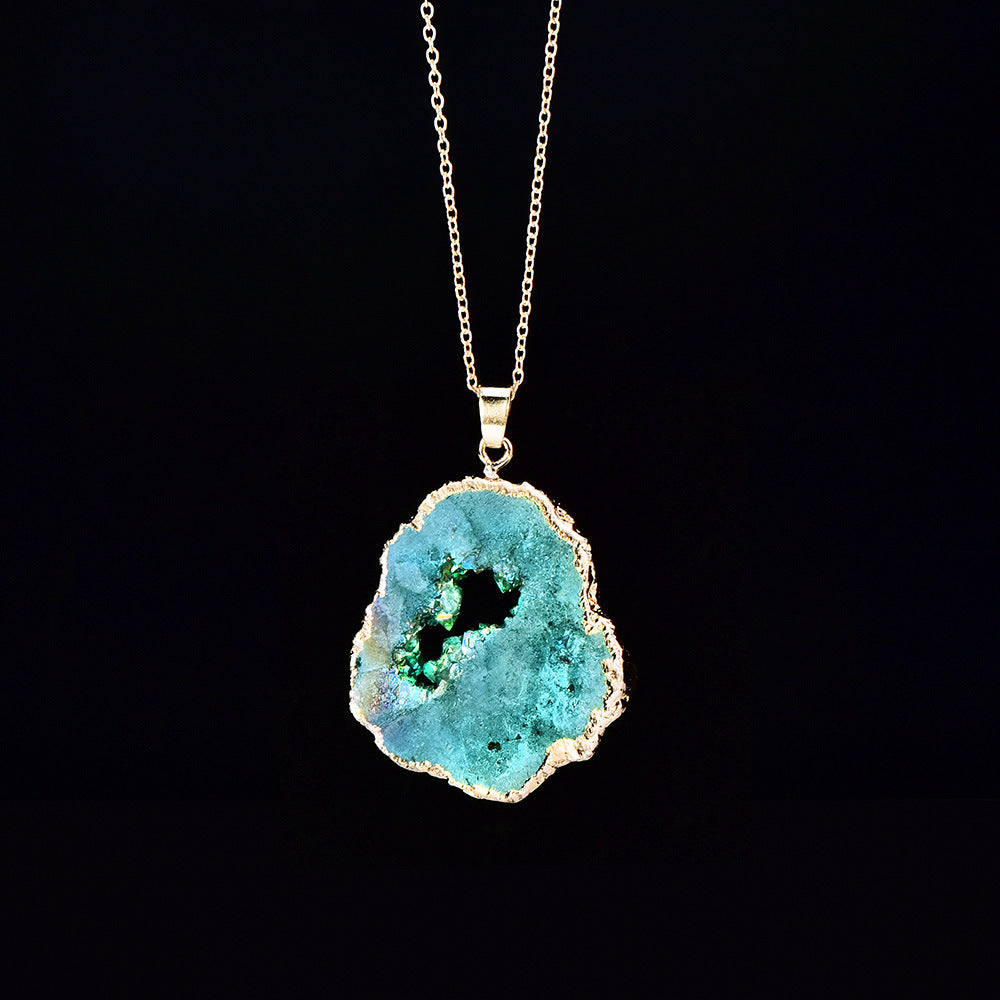 Natural Crystal Geode Slice Necklace, Gold Dipped Druzy Pendant, Irregular Geode Cavity Healing Stone, Authentic Agate Geode Jewelry for Women, Boho Spiritual Gift