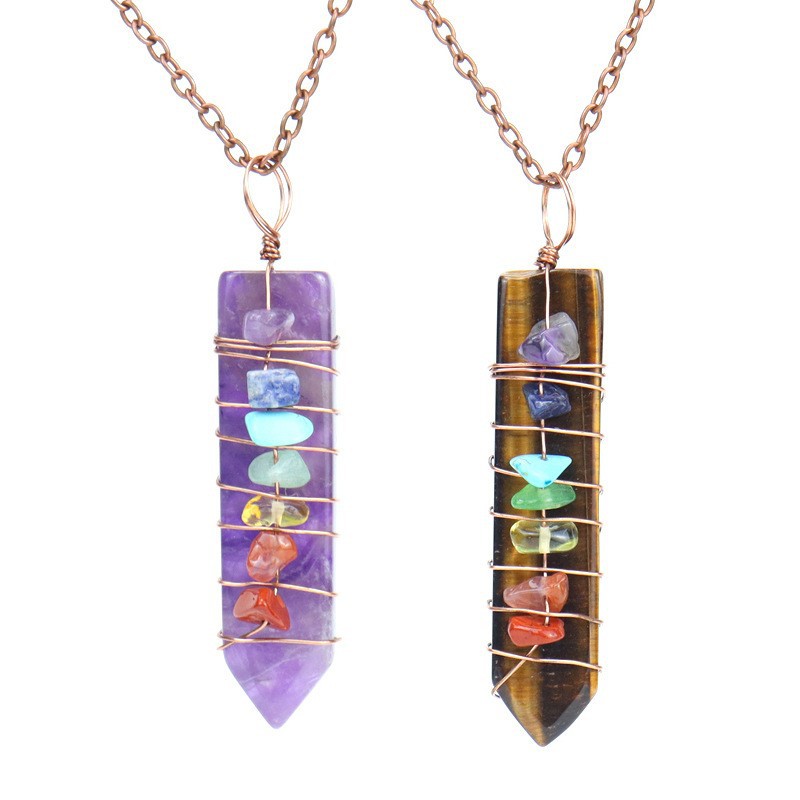 7 Chakra Crystal Point Necklace, Copper Wire Wrapped Healing Stone Pendant, Natural Amethyst Rose Quartz Lapis Wand Jewelry, Spiritual Alignment Amulet, Rainbow Gemstone Gift