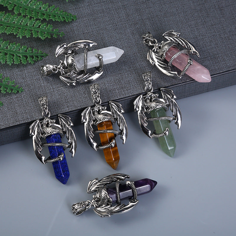 Natural Amethyst Crystal White Crystal Flying Dragon Pendant Pterosaur Hexagon Prism Necklace Ornament