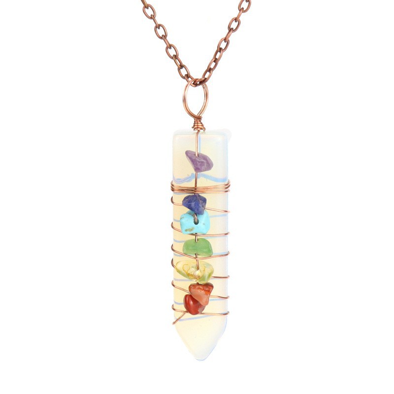 7 Chakra Crystal Point Necklace, Copper Wire Wrapped Healing Stone Pendant, Natural Amethyst Rose Quartz Lapis Wand Jewelry, Spiritual Alignment Amulet, Rainbow Gemstone Gift