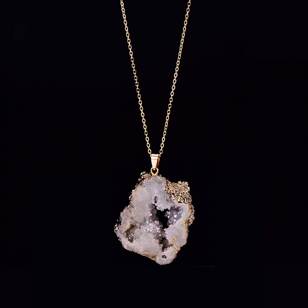 Natural Crystal Geode Slice Necklace, Gold Dipped Druzy Pendant, Irregular Geode Cavity Healing Stone, Authentic Agate Geode Jewelry for Women, Boho Spiritual Gift