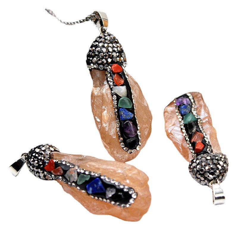 7 Chakra Raw Agate Point Necklace, Irregular Crystal Healing Pendant with Rhinestones, Unisex Spiritual Gemstone Jewelry, Natural Aura Stone Manifestation Wand, Reiki Energy Amulet