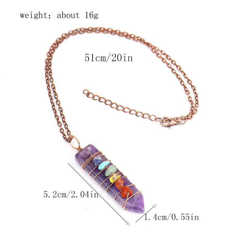 7 Chakra Crystal Point Necklace, Copper Wire Wrapped Healing Stone Pendant, Natural Amethyst Rose Quartz Lapis Wand Jewelry, Spiritual Alignment Amulet, Rainbow Gemstone Gift
