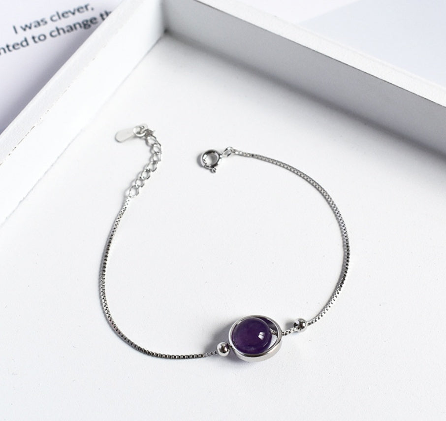 925 Sterling Silver Natural Crystal Bracelet, Minimalist Healing Stone Bangle for Women, Adjustable Citrine Amethyst Rose Quartz Jewelry, Delicate Gemstone Planet Bracelet
