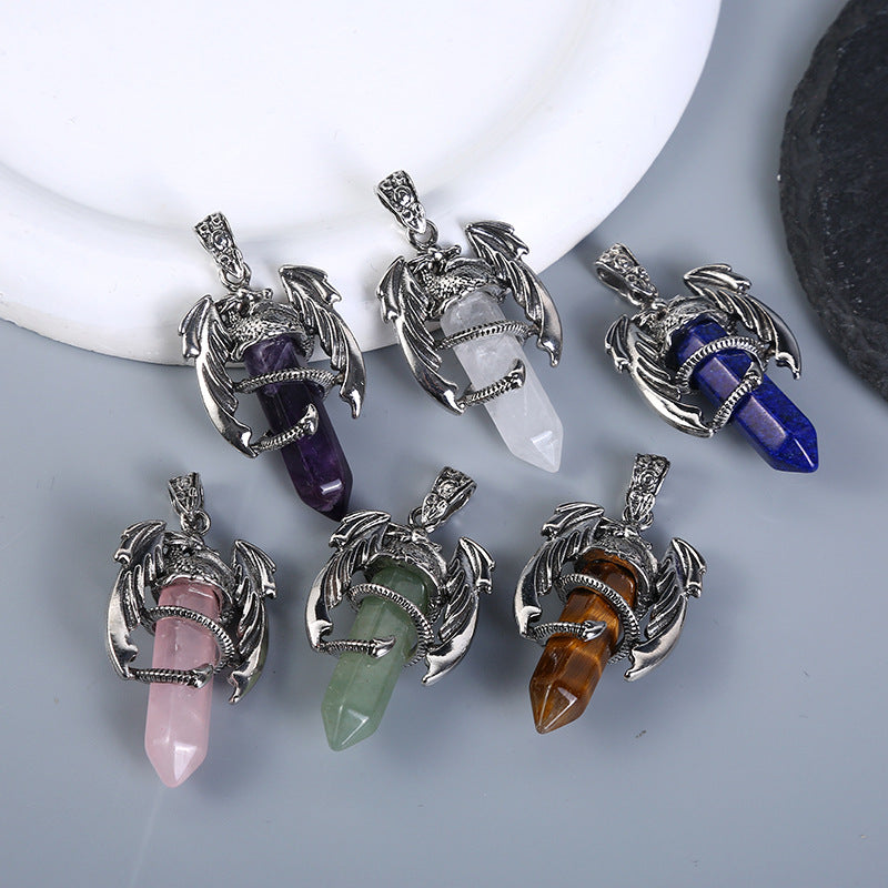 Natural Amethyst Crystal White Crystal Flying Dragon Pendant Pterosaur Hexagon Prism Necklace Ornament