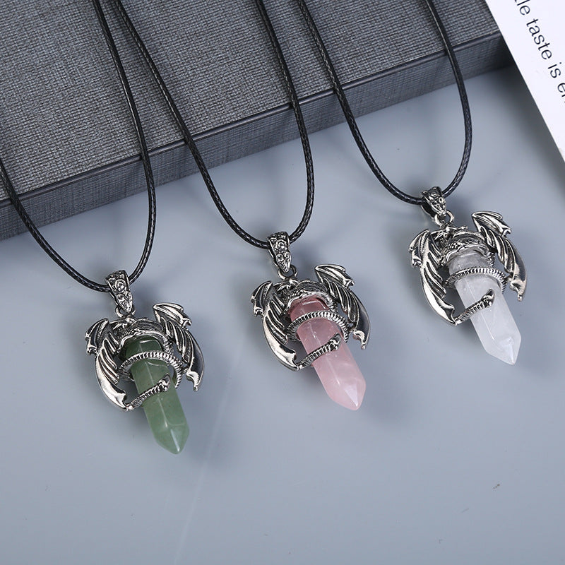 Natural Amethyst Crystal White Crystal Flying Dragon Pendant Pterosaur Hexagon Prism Necklace Ornament
