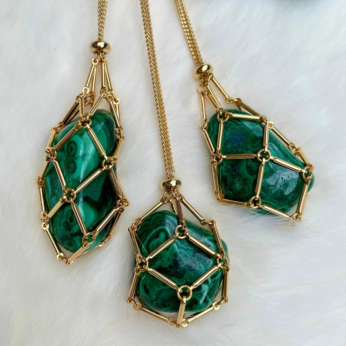 Geometric Cage Crystal Necklace, Raw Malachite & Tiger's Eye Pendant, Metal Net Pocket Jewelry for Women & Men, Industrial Style Healing Stone, Adjustable Long Chain