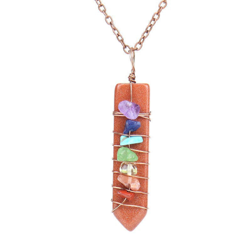 7 Chakra Crystal Point Necklace, Copper Wire Wrapped Healing Stone Pendant, Natural Amethyst Rose Quartz Lapis Wand Jewelry, Spiritual Alignment Amulet, Rainbow Gemstone Gift