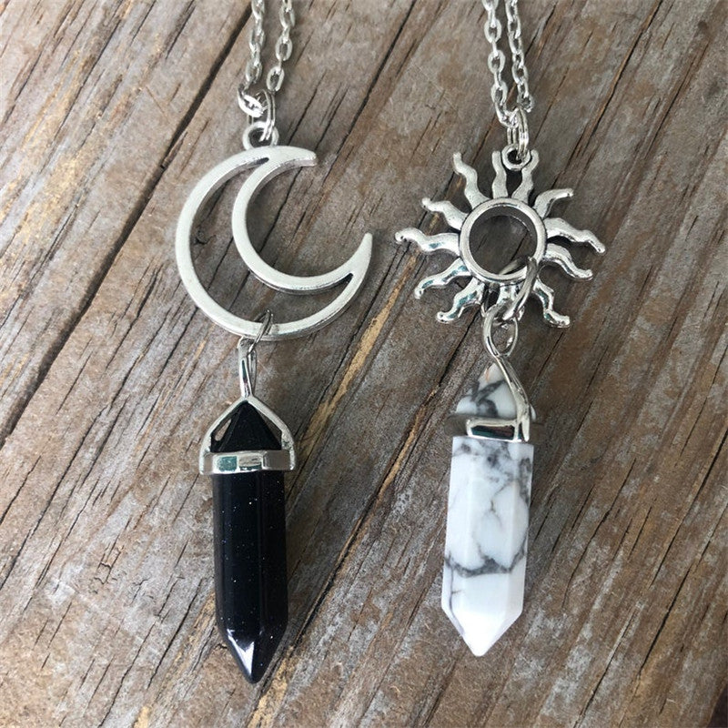 Sun and Moon Crystal Necklace Set for 2, Matching Healing Stone Pendants, Black Obsidian & White Howlite Hexagonal Point Jewelry, Celestial Best Friend Couple Necklace, Alloy Geometric Amulet