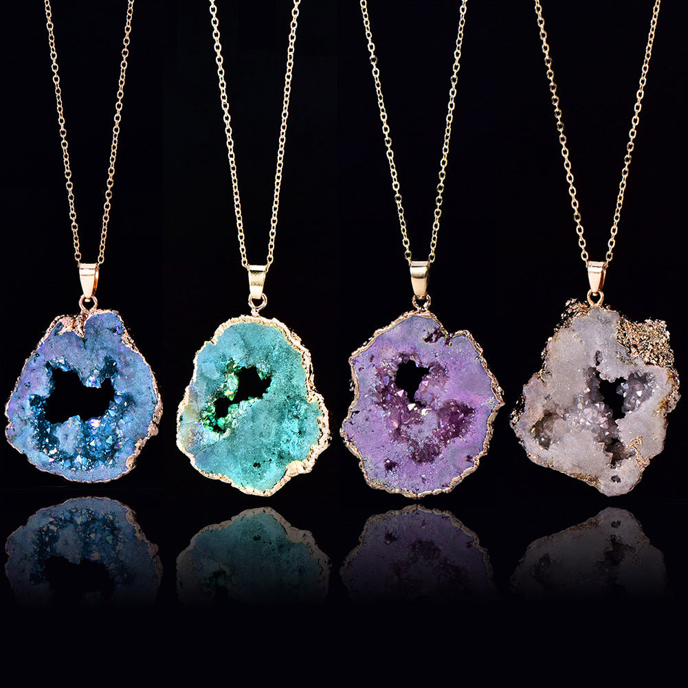 Natural Crystal Geode Slice Necklace, Gold Dipped Druzy Pendant, Irregular Geode Cavity Healing Stone, Authentic Agate Geode Jewelry for Women, Boho Spiritual Gift