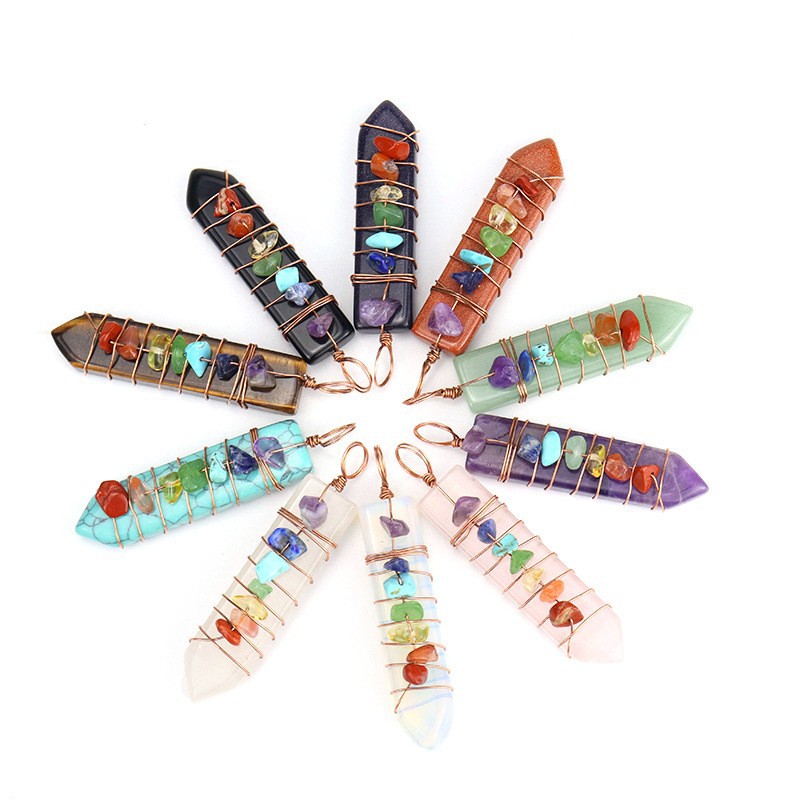 7 Chakra Crystal Point Necklace, Copper Wire Wrapped Healing Stone Pendant, Natural Amethyst Rose Quartz Lapis Wand Jewelry, Spiritual Alignment Amulet, Rainbow Gemstone Gift