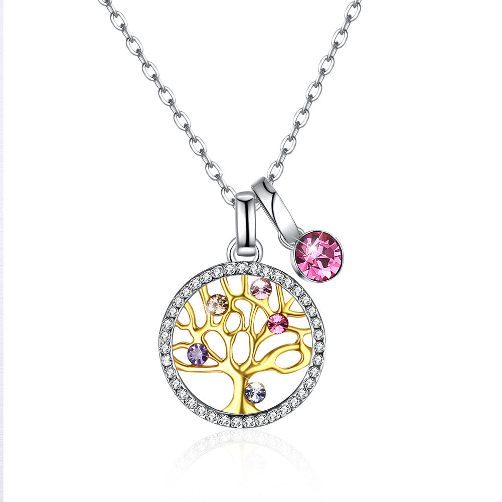 Crystal Element Sterling Silver Lucky Tree Crystal Pendant Necklace