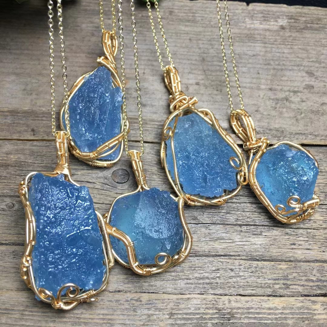 Natural Raw Aquamarine Necklace, Gold Wire Wrapped Rough Crystal Pendant, March Birthstone Jewelry for Women, Handmade Blue Gemstone Healing Stone, Sea-Inspired Spiritual Gift