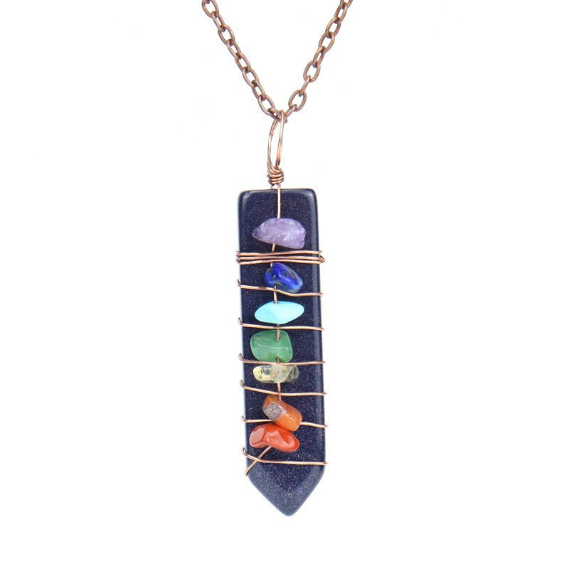 7 Chakra Crystal Point Necklace, Copper Wire Wrapped Healing Stone Pendant, Natural Amethyst Rose Quartz Lapis Wand Jewelry, Spiritual Alignment Amulet, Rainbow Gemstone Gift