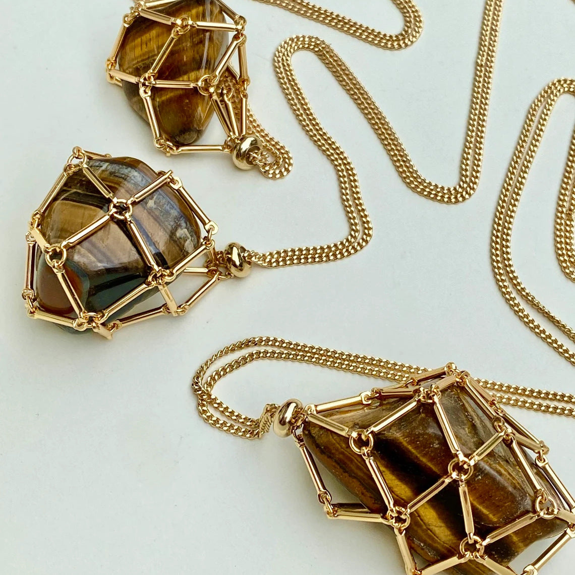 Geometric Cage Crystal Necklace, Raw Malachite & Tiger's Eye Pendant, Metal Net Pocket Jewelry for Women & Men, Industrial Style Healing Stone, Adjustable Long Chain