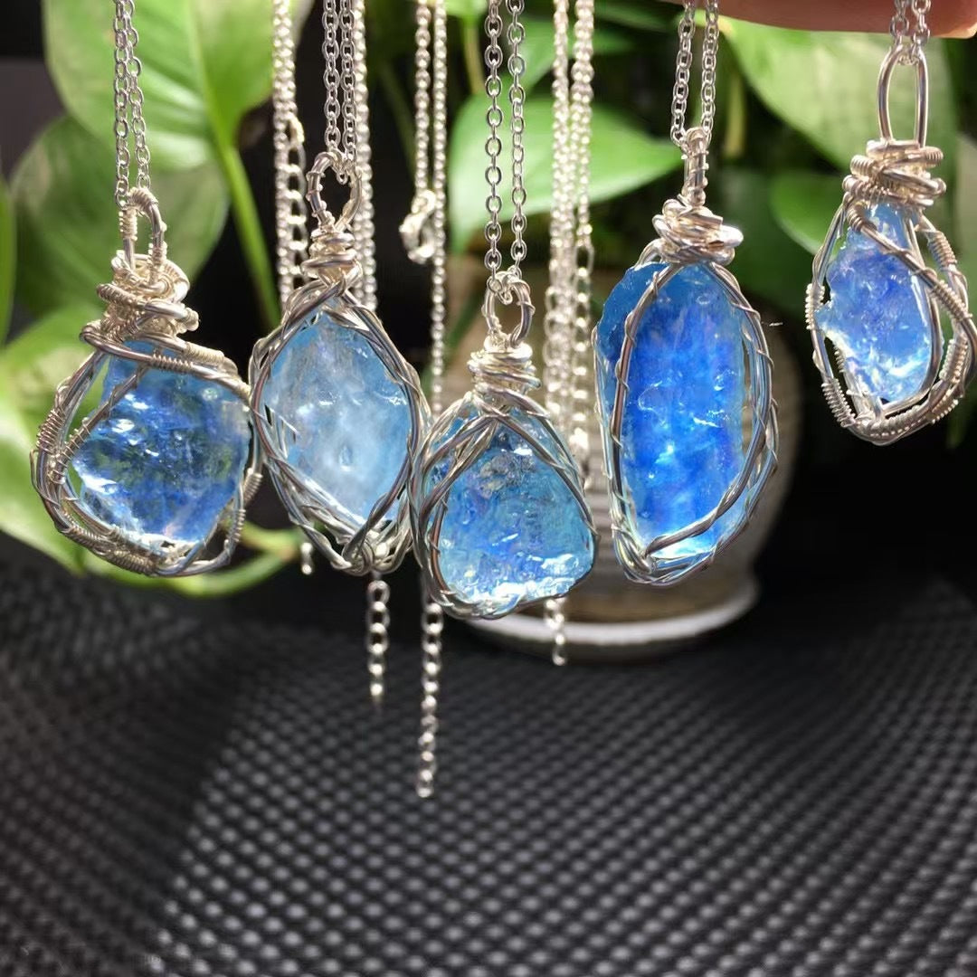 Natural Raw Aquamarine Necklace, Gold Wire Wrapped Rough Crystal Pendant, March Birthstone Jewelry for Women, Handmade Blue Gemstone Healing Stone, Sea-Inspired Spiritual Gift