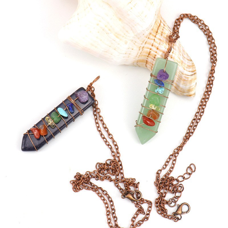 7 Chakra Crystal Point Necklace, Copper Wire Wrapped Healing Stone Pendant, Natural Amethyst Rose Quartz Lapis Wand Jewelry, Spiritual Alignment Amulet, Rainbow Gemstone Gift
