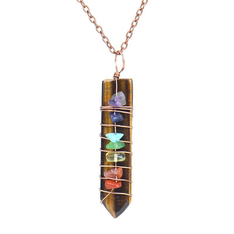 7 Chakra Crystal Point Necklace, Copper Wire Wrapped Healing Stone Pendant, Natural Amethyst Rose Quartz Lapis Wand Jewelry, Spiritual Alignment Amulet, Rainbow Gemstone Gift