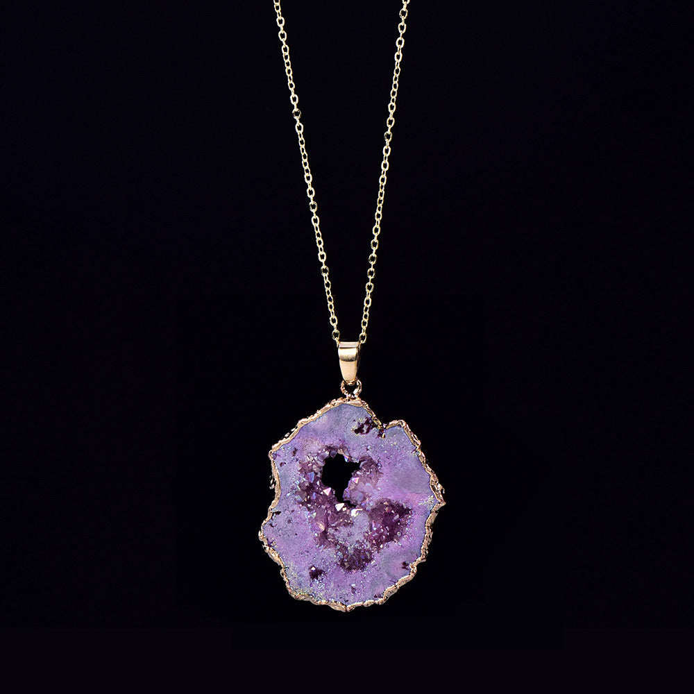 Natural Crystal Geode Slice Necklace, Gold Dipped Druzy Pendant, Irregular Geode Cavity Healing Stone, Authentic Agate Geode Jewelry for Women, Boho Spiritual Gift