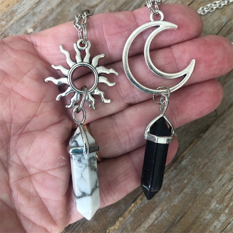 Sun and Moon Crystal Necklace Set for 2, Matching Healing Stone Pendants, Black Obsidian & White Howlite Hexagonal Point Jewelry, Celestial Best Friend Couple Necklace, Alloy Geometric Amulet
