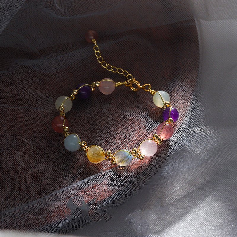 Natural Multi-Color Crystal Bead Bracelet, 8mm Strawberry Quartz & Mixed Healing Stones, Gold Wire Wrapped Artisan Jewelry, Adjustable Chakra Balance Bracelet for Women