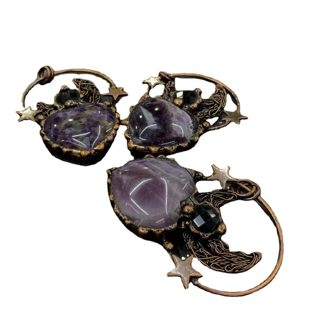 Retro Style Natural Crystal Star And Moon Pendant