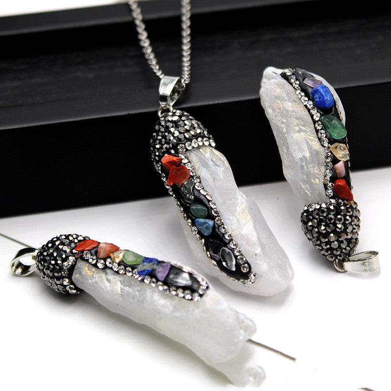7 Chakra Raw Agate Point Necklace, Irregular Crystal Healing Pendant with Rhinestones, Unisex Spiritual Gemstone Jewelry, Natural Aura Stone Manifestation Wand, Reiki Energy Amulet