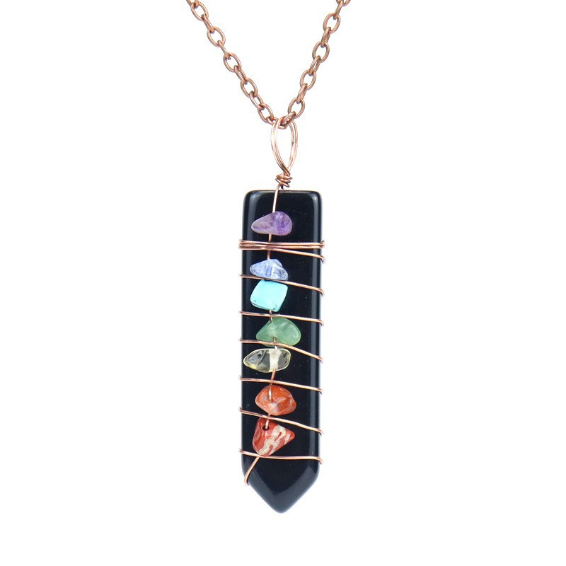 7 Chakra Crystal Point Necklace, Copper Wire Wrapped Healing Stone Pendant, Natural Amethyst Rose Quartz Lapis Wand Jewelry, Spiritual Alignment Amulet, Rainbow Gemstone Gift