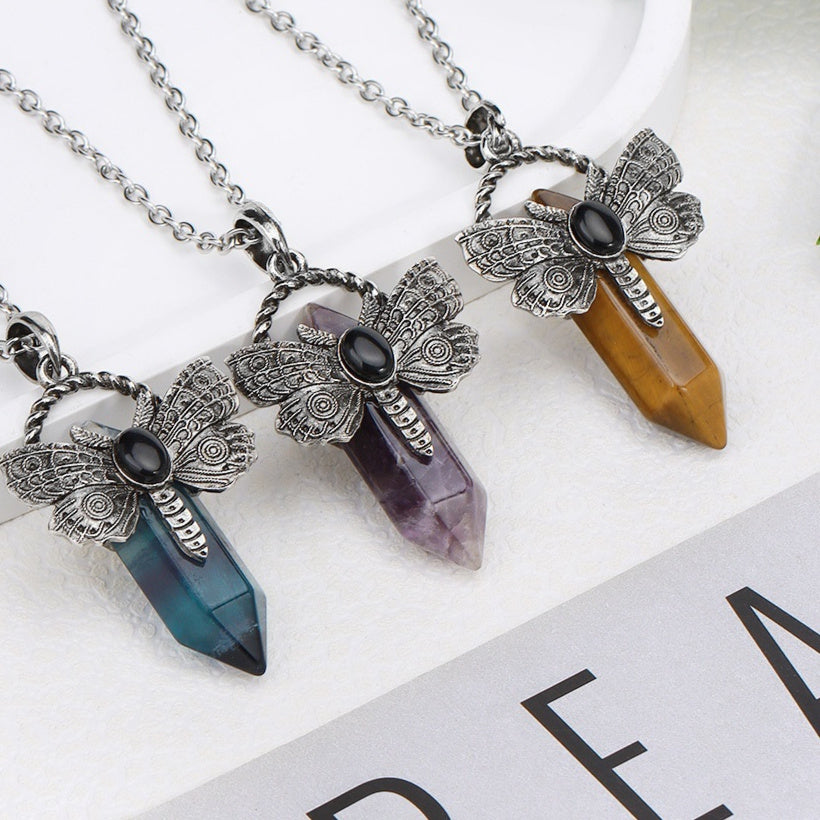 Vintage Moth Crystal Point Necklace, Hexagonal Healing Stone Pendant, Amethyst Tiger's Eye Labradorite Gothic Jewelry, Wiccan Witchy Gift for Women, Adjustable Chain