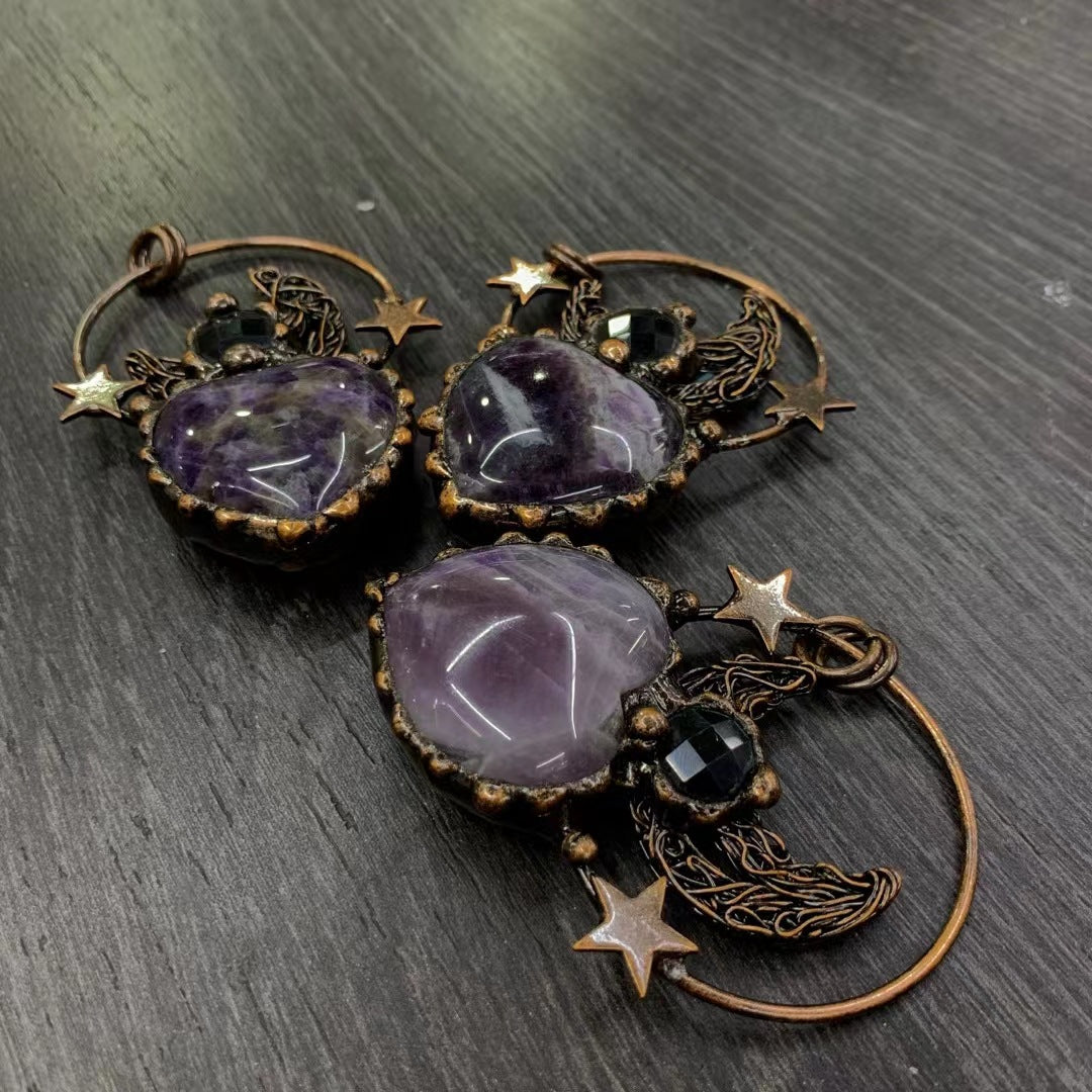 Retro Style Natural Crystal Star And Moon Pendant